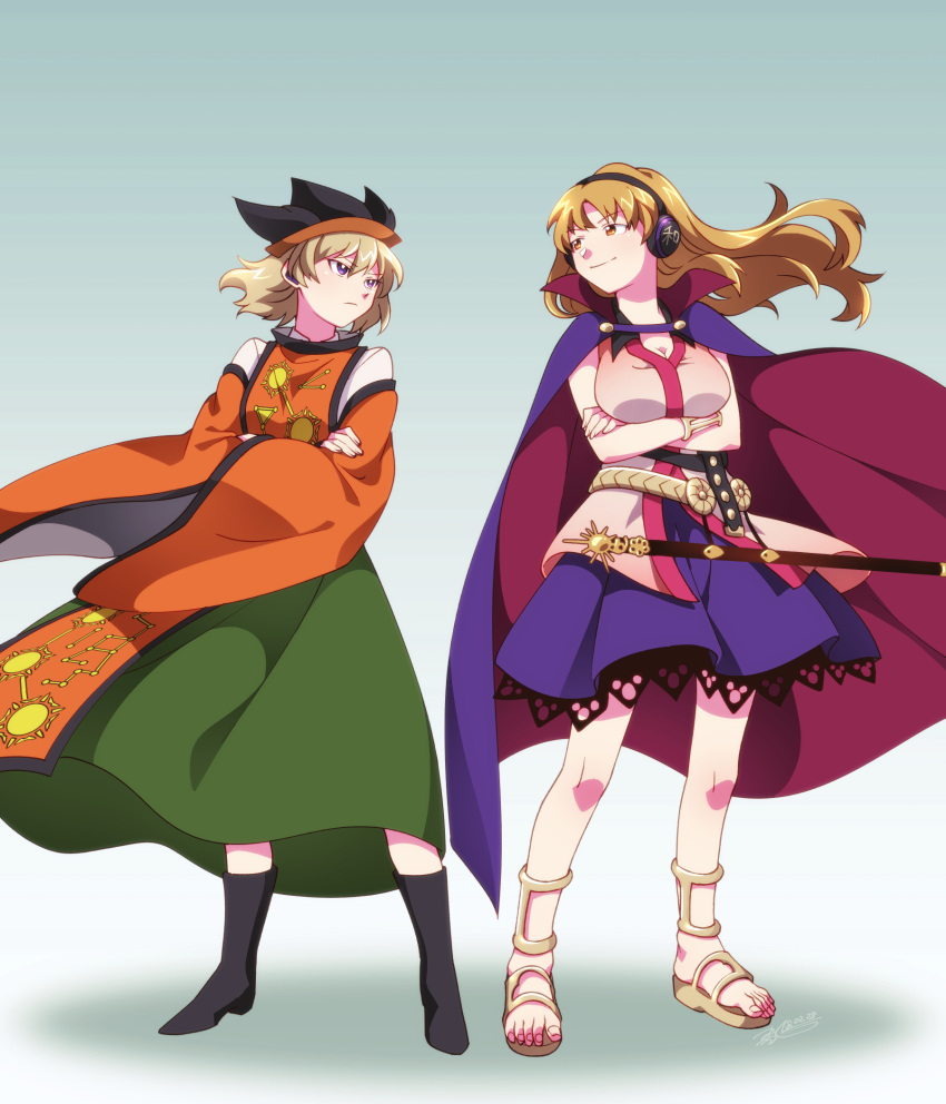 2girls alternate_costume belt black_footwear blonde_hair blue_skirt boots breasts buttons cape cleavage cosplay costume_switch crossed_arms detached_sleeves earmuffs full_body gradient_background green_skirt hat highres large_breasts long_hair matara_okina matara_okina_(cosplay) multiple_girls sandals shadow sheath shikido_(khf) shirt short_hair skirt sleeveless sleeveless_shirt standing sword tabard touhou toyosatomimi_no_miko toyosatomimi_no_miko_(cosplay) weapon white_shirt yellow_eyes