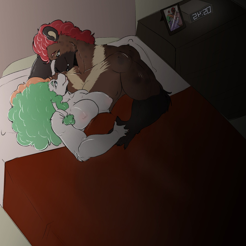 anthro bear bed bed_covers bedding bedroom black_lips blue_eyes brown_body brown_eyes brown_fur canid canine canis chest_markings chubby_female clock crescent_moon domestic_dog duo embrace female frohawk fur fur_markings furniture glistening glistening_lips hand_holding hi_res highlights_(coloring) hyena lips looking_at_another lying male male/female mammal manna-mint markings moon mr.hakkai musclegut muscular muscular_anthro muscular_male nightstand nipples nose_to_nose overweight overweight_female pink_nipples pink_nose poodle romantic romantic_ambiance romantic_couple snorlynorla split_color spots spotted_body spotted_fur white_body white_fur