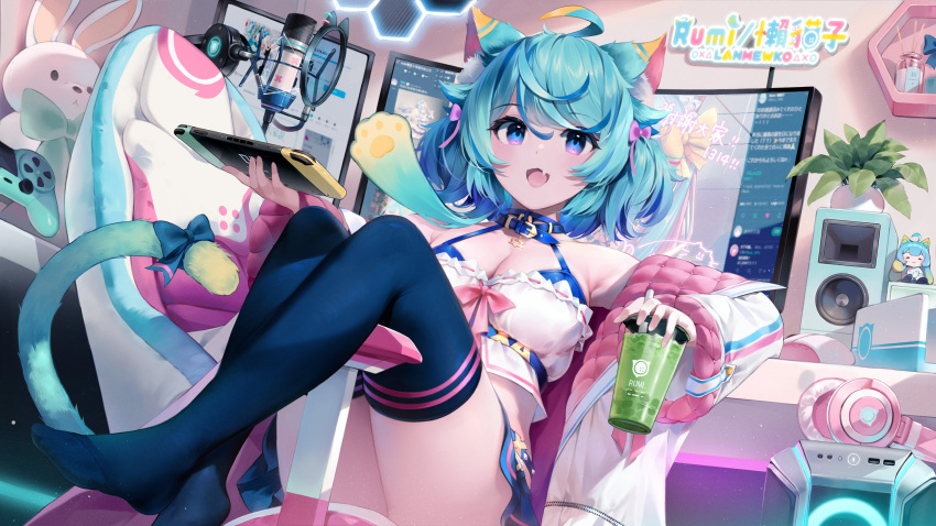 1girl :d absurdres ahoge andychen animal_ear_fluff animal_ears blue_eyes blue_hair bow breasts cat_ears cat_tail chair cleavage crop_top cup fang gaming_chair hair_bow handheld_game_console headphones headphones_removed highres holding holding_cup holding_handheld_game_console indie_virtual_youtuber indoors jacket lanmewko long_sleeves microphone monitor nintendo_switch no_shoes open_clothes open_jacket plant prehensile_hair sitting_sideways smile solo stuffed_animal stuffed_rabbit stuffed_toy swivel_chair tail thighhighs virtual_youtuber white_jacket