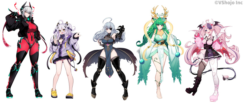 5girls absurdres ahoge akagi_(sk0127aho) animal_ears antlers armor armpits barefoot book boots breasts bridal_gauntlets choker commentary copyright_name crocs demon_girl demon_horns demon_tail demon_wings dress earrings english_commentary eyepatch full_body geega_(vtuber) green_eyes green_hair grey_hair hair_between_eyes haruka_karibu heart heart_ahoge henya_the_genius heterochromia high_heel_boots high_heels highres holding holding_book holding_sword holding_weapon horns huge_ahoge ironmouse jewelry leotard long_hair looking_at_viewer medium_breasts multiple_girls official_art open_mouth pink_eyes pink_hair pointy_ears purple_eyes saolin_(wudangx) simple_background single_earring small_breasts smile sword tail teeth thighhighs tongue twintails very_long_hair vshojo weapon white_background wings yellow_eyes zentreya zentreya_(cyborg)