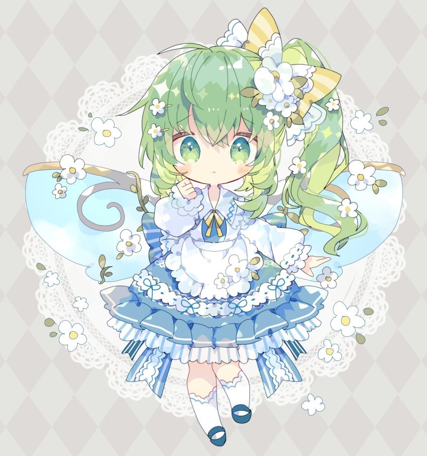 1girl adapted_costume apron argyle argyle_background blue_dress blush closed_mouth daiyousei doily dress fairy fairy_wings frilled_apron frilled_dress frills full_body green_eyes green_hair hair_between_eyes highres kneehighs long_hair long_sleeves looking_at_viewer nikorashi-ka side_ponytail socks solo touhou white_apron white_socks wings