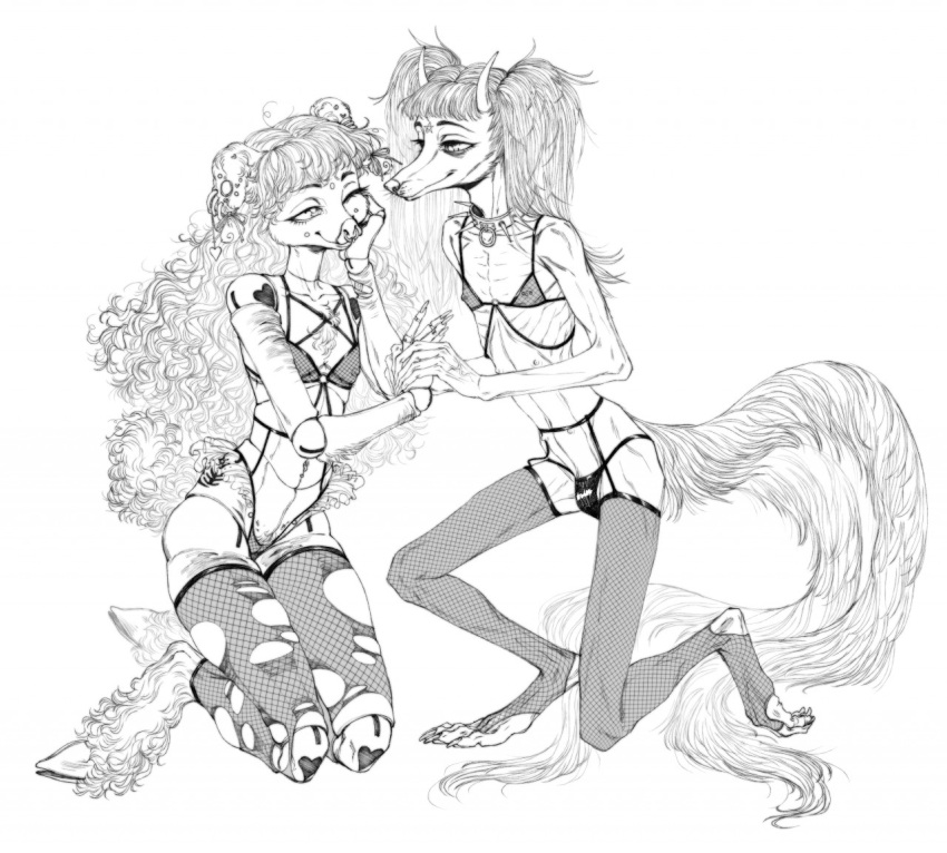 &lt;3 2020 2_horns 2_tails ankle_tattoo ankle_tuft anthro areola arm_tattoo arm_warmers armwear biped black_and_white bra breasts canid canine canis claws closed_smile clothed clothing cloven_hooves collar crossdressing crouching curled_hair digitigrade domestic_dog domestic_pig duo ear_piercing ear_ring emaciated eyebrows facial_markings facial_piercing female fishnet fishnet_bra fishnet_legwear floppy_ears forehead_markings frank-79 girly hair head_markings hooves horn kneeling leg_tattoo leg_tuft legwear long_hair long_tail looking_at_another male male/female mammal markings monochrome mouth_closed multi_tail navel navel_piercing nipple_piercing nipples nose_piercing nose_ring one_eye_closed panties panty_bulge pentagram piercing pigtails ring_piercing shoulder_tattoo simple_background skimpy small_breasts smile spiked_collar spikes stockings suid suina sus_(pig) tail tattoo toe_claws torn_clothing torn_legwear torn_stockings translucent translucent_bra translucent_clothing translucent_underwear tuft underwear unguligrade white_background