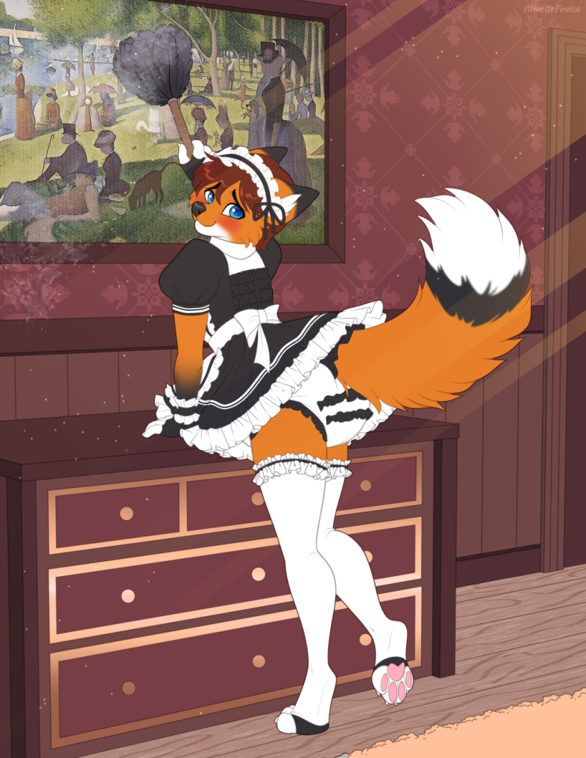 anthro blush brown_hair canid canine cleaning_tool clothed clothing crossdressing diaper embarrassed feather_duster fox fur girly hair hi_res legwear looking_back maid_uniform male mammal orange_body orange_fur pawpads solo strawberryneko tail_under_skirt tail_upskirt thigh_highs uniform upskirt