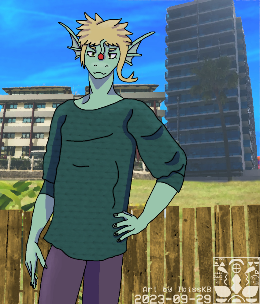 2023 amphibian anglerfish anthro arecibo_message artist_logo artist_name blonde_hair bottomwear building clothed clothing dated ear_fins female fence fin fish fully_clothed fully_clothed_anthro fully_clothed_female grass hair hi_res hotel ibisskb lizard logo long_neck marine nails outside palm_tree pants plant reptile scalie short_hair sky skyscraper solo teal_scales text tree tsi-yu watermark wood wood_fence