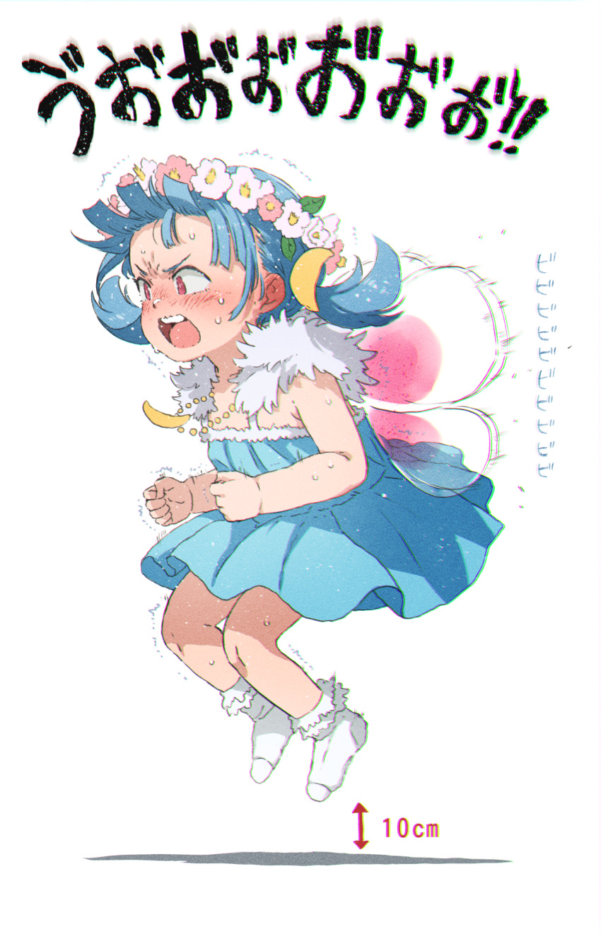 1girl afterimage arrow_(symbol) blue_dress blue_hair clenched_hands commentary_request crescent crescent_hair_ornament dress fairy fairy_wings flower flower_wreath flying from_side full_body gomennasai hair_ornament head_wreath highres long_hair looking_away low_twintails monday-chan_(gomennasai) no_shoes original pink_flower pleated_dress shadow simple_background sleeveless sleeveless_dress socks solo translation_request twintails white_background white_socks wings