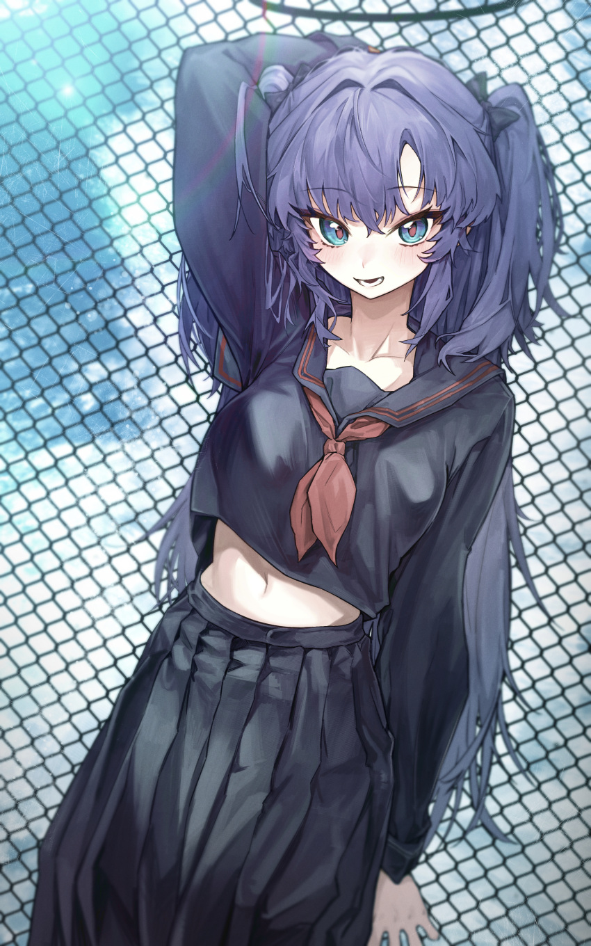 1girl absurdres against_fence alternate_costume arm_up black_serafuku blue_archive blue_eyes blush breasts chain-link_fence collarbone cropped_shirt fence halo highres lens_flare long_hair long_sleeves looking_at_viewer medium_breasts movik navel neckerchief pleated_skirt purple_hair red_neckerchief school_uniform serafuku skirt smile solo two_side_up very_long_hair yuuka_(blue_archive)