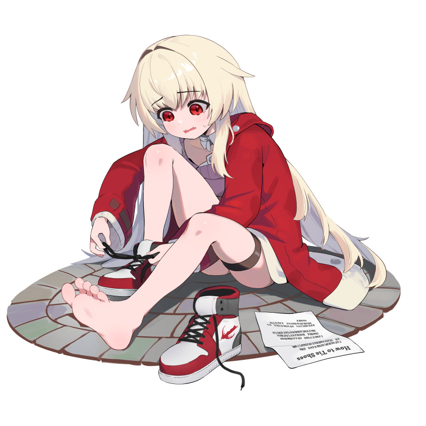 1girl absurdres blonde_hair blush clara_(honkai:_star_rail) cokeanut10 collarbone commentary english_commentary english_text eyelashes feet full_body hair_intakes highres honkai:_star_rail honkai_(series) jacket knee_up legs long_hair long_sleeves on_ground red_eyes red_footwear red_jacket shadow shoes sidelocks single_shoe sitting sneakers soles solo sweatdrop thigh_strap thighs toes tying_footwear white_footwear
