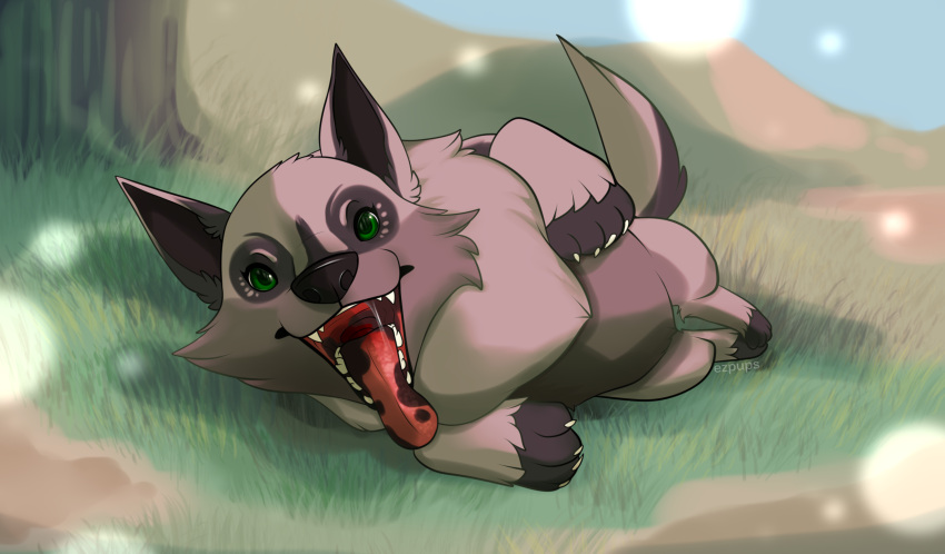 ambiguous_gender bodily_fluids canid canine canis detailed_background domestic_dog ezpups feral fluffy grass green_eyes hi_res mammal open_mouth open_smile plant prick_ears saliva saliva_string sharp_teeth smile solo teeth toeless_(marking) tongue tongue_out tree