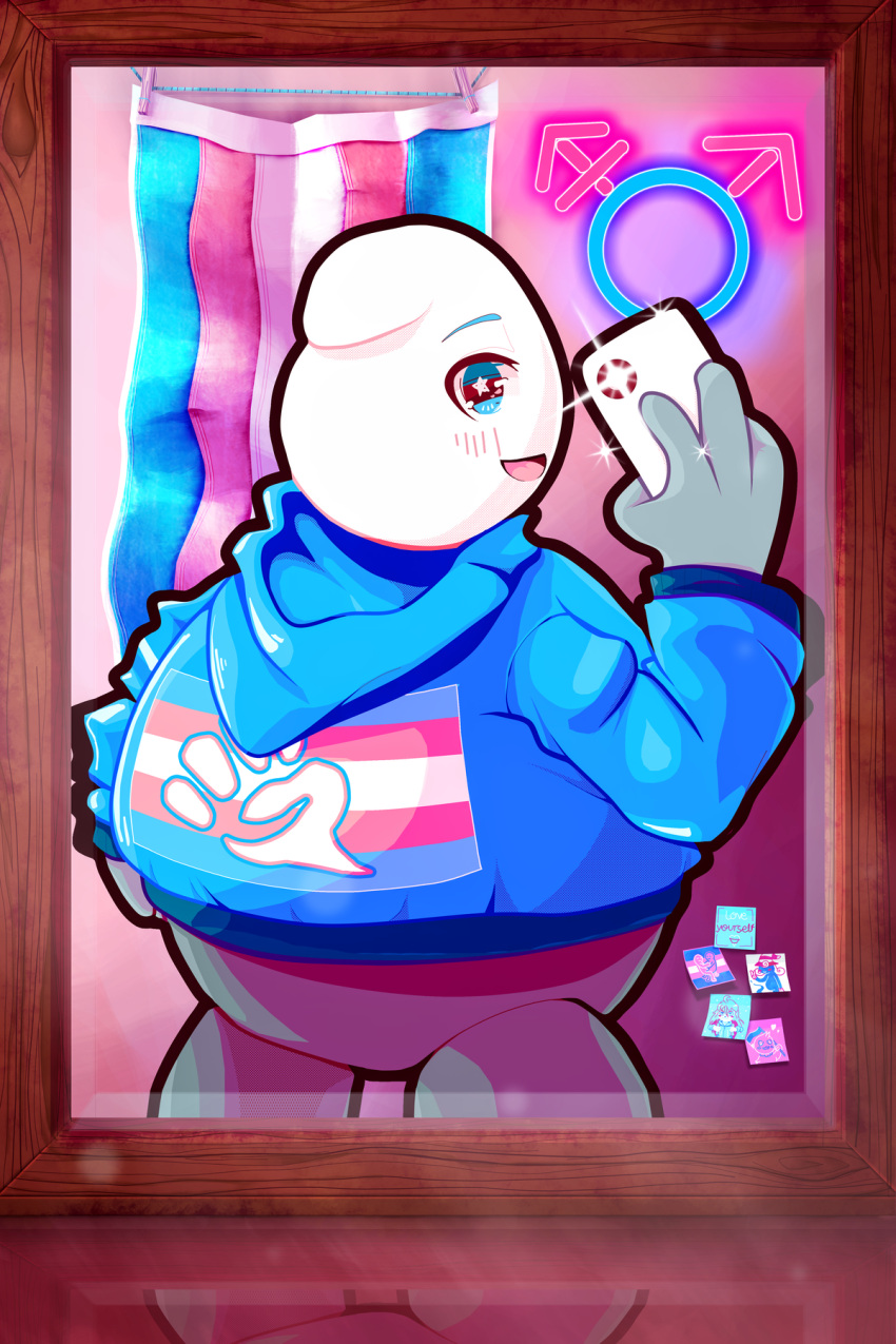 ambiguous_gender clothing gender_symbol hi_res hollosou homestar_runner hoodie humanoid jacket lgbt_pride mirror not_furry phone pride_colors solo strong_sad symbol topwear transgender_pride_colors transgender_symbol