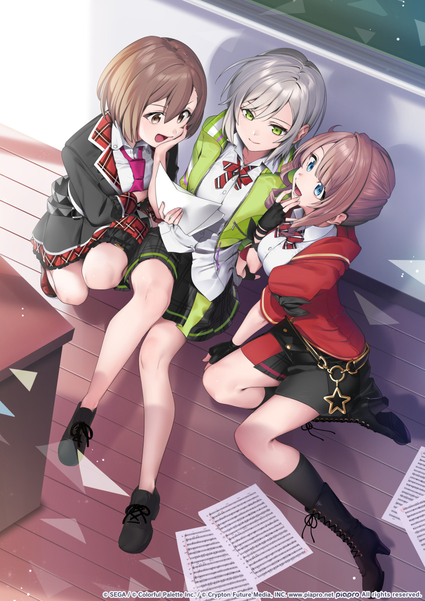 3girls absurdres ayamori_mimi blue_eyes boots bow bowtie brown_eyes brown_hair classroom fingerless_gloves gloves green_eyes grey_hair hair_between_eyes highres hinomori_shiho holding holding_paper looking_at_object meiko_(vocaloid) mochizuki_honami multiple_girls necktie on_floor open_mouth paper parted_bangs pink_hair pink_necktie plaid plaid_skirt project_sekai school_uniform sekai_symphony sheet_music short_hair shorts sitting skirt smile vocaloid