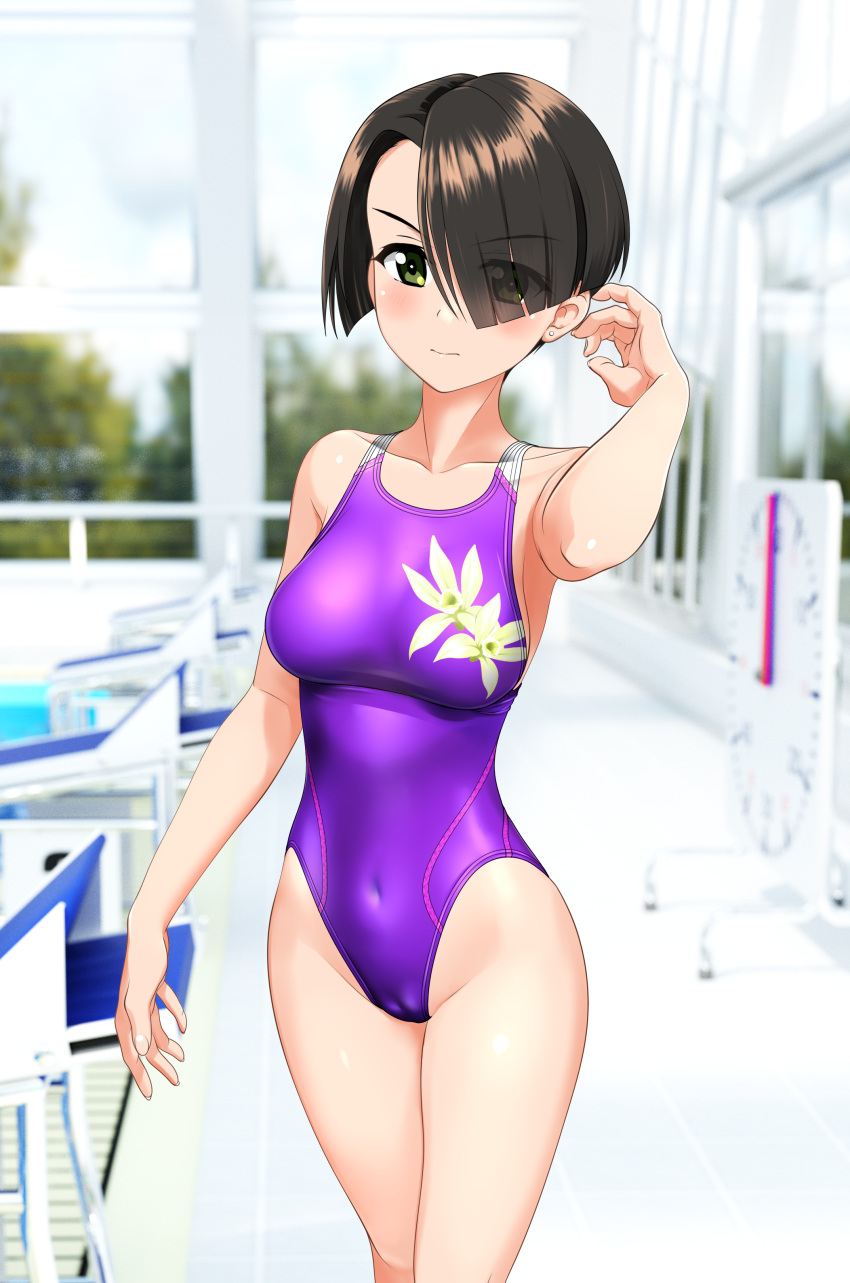 1girl absurdres black_hair blurry blurry_background bob_cut breasts commentary_request competition_swimsuit covered_navel cowboy_shot eyes_visible_through_hair floral_print girls_und_panzer green_eyes hair_over_one_eye highres inverted_bob medium_breasts multicolored_clothes multicolored_swimsuit one-piece_swimsuit outdoors poolside purple_one-piece_swimsuit short_hair solo starting_block swimsuit takafumi vanilla_(girls_und_panzer) variant_set