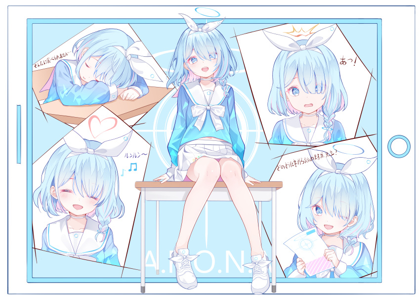 1girl :d absurdres arona_(blue_archive) bare_legs blue_archive blue_eyes blue_hair blue_shirt blush bow bowtie braid closed_eyes desk facing_viewer full_body hair_over_one_eye hair_ribbon hairband halo hands_up happy heart_halo highres holding knees_together_feet_apart looking_at_viewer medium_hair miniskirt multicolored_hair multiple_views musical_note pink_eyes pleated_skirt ribbon sailor_collar school_desk school_uniform serafuku shirt single_braid skirt sleeping sleeping_on_desk smile spoken_musical_note two-tone_hair upper_body white_bow white_bowtie white_hairband white_skirt zuu_(qq770463651)