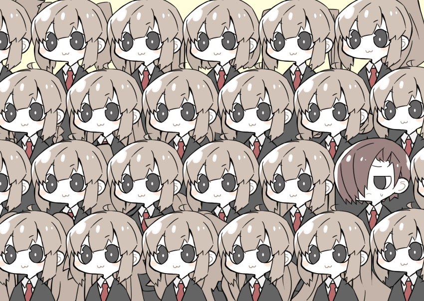 1boy 6+girls :3 ahoge black_eyes black_jacket bright_pupils brown_hair closed_mouth collared_shirt colored_skin commentary_request employee_(lobotomy_corporation) harvest_fes highres jacket light_brown_hair lobotomy_corporation long_hair multiple_girls necktie no_nose project_moon red_necktie shirt short_hair suit sweat white_pupils white_shirt white_skin