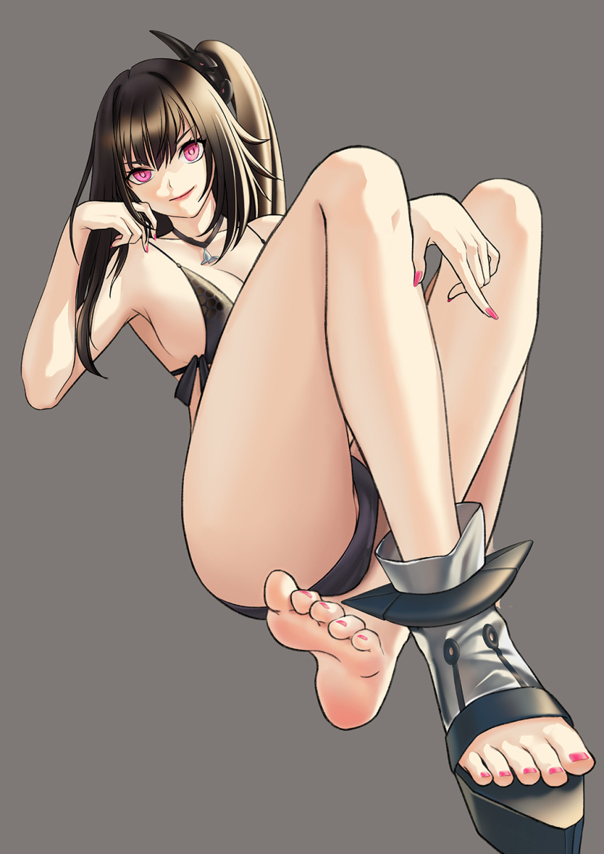 1girl architect_(girls'_frontline) architect_(nvw_model)_(girls'_frontline) arm_rest barefoot black_footwear black_hair black_one-piece_swimsuit breasts commentary_request crossed_ankles feet fingernails full_body girls'_frontline grey_background hair_ornament head_rest highres ikarusflyhigh jewelry large_breasts legs lipstick long_hair looking_at_viewer makeup nail_polish necklace one-piece_swimsuit one_side_up pink_eyes pink_lips pink_nails sangvis_ferri shoes simple_background single_shoe sitting smile soles solo swimsuit toeless_footwear toenail_polish toenails toes