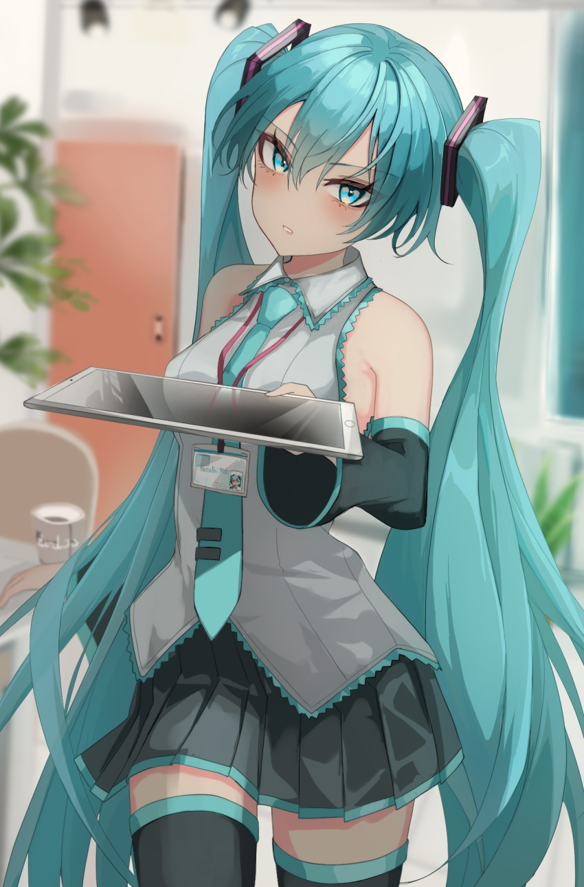 1girl armpit_crease bare_shoulders black_skirt black_sleeves black_thighhighs blue_eyes blue_hair blue_necktie blush collared_shirt commentary_request cowboy_shot detached_sleeves frilled_shirt frills grey_shirt hatsune_miku highres holding holding_tablet_pc id_card incoming_gift indoors kawasuru_(15miclon) lanyard long_hair looking_at_viewer miniskirt necktie pleated_skirt shirt sidelocks skirt sleeveless sleeveless_shirt solo tablet_pc thighhighs tie_clip twintails v-shaped_eyebrows very_long_hair vocaloid zettai_ryouiki