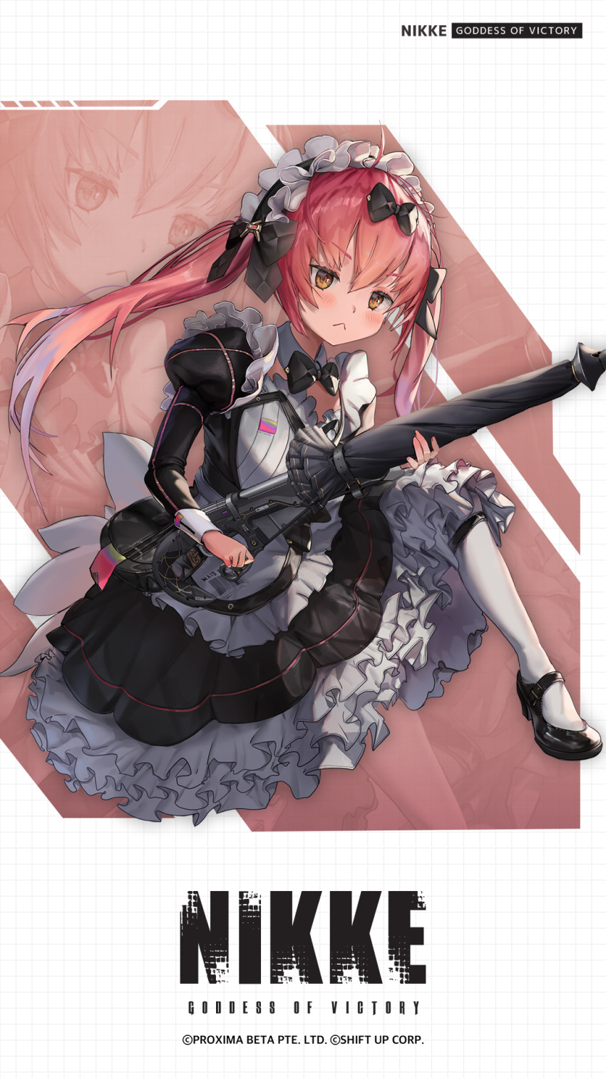 1girl :&lt; artist_request cocoa_(nikke) commentary_request copyright_name dress frilled_dress frills full_body goddess_of_victory:_nikke highres holding holding_weapon juliet_sleeves kneeling long_sleeves maid mary_janes official_art pantyhose pink_hair puffy_sleeves shoes solo twintails umbrella_gun weapon yellow_eyes zoom_layer