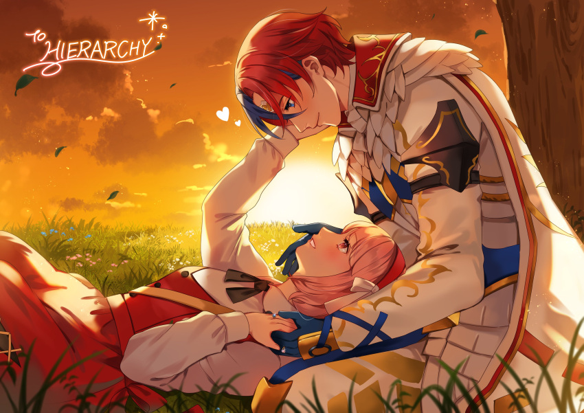 1boy 1girl absurdres alear_(fire_emblem) alear_(male)_(fire_emblem) bow cloak couple dress eye_contact fire_emblem fire_emblem_engage hairband highres jewelry lapis_(fire_emblem) looking_at_another multicolored_hair pink_eyes pink_hair red_dress red_hairband ribbon ring split-color_hair sunset swept_bangs two-tone_hair wawatiku white_bow white_cloak white_ribbon