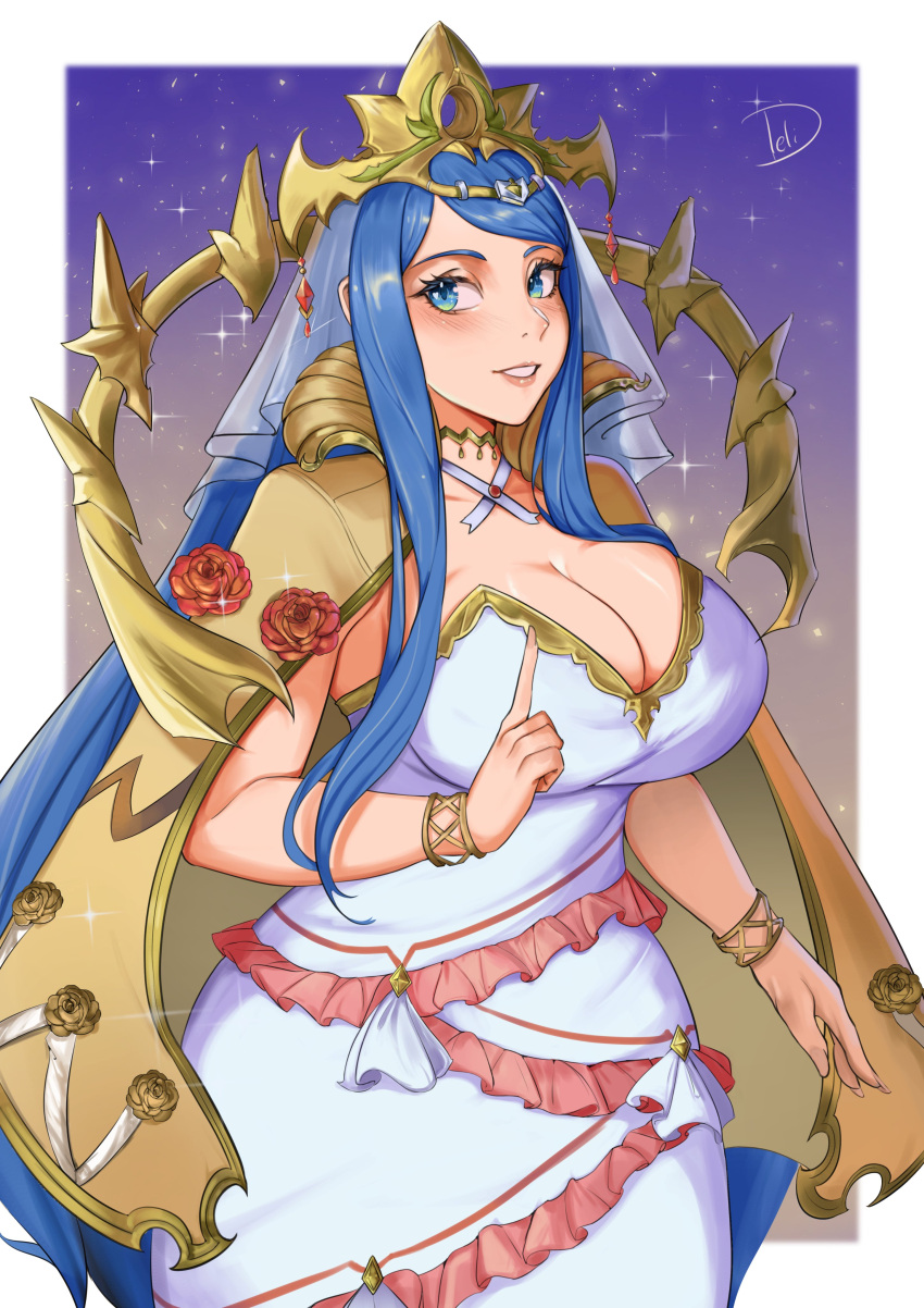 1girl absurdres blue_eyes blue_hair bracelet breasts cape cleavage commentary_request cowboy_shot crown delicious_brain dress fire_emblem fire_emblem_engage grin highres jewelry large_breasts long_hair looking_at_viewer lumera_(fire_emblem) smile solo sparkle standing strapless strapless_dress veil very_long_hair white_dress yellow_cape