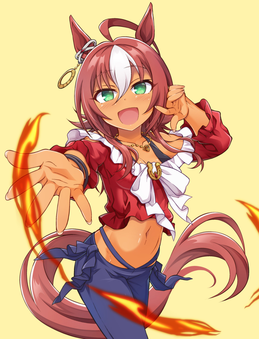 1girl :d ahoge animal_ears bare_shoulders black_pants blush breasts brown_hair cleavage collarbone commentary_request cowboy_shot crop_top dark-skinned_female dark_skin darley_arabian_(umamusume) ear_ornament fire green_eyes groin hair_between_eyes hand_up highres horse_ears horse_girl horse_tail horseshoe_ornament jewelry long_hair long_sleeves looking_at_viewer medium_breasts midriff multicolored_hair navel necklace off-shoulder_shirt off_shoulder open_mouth pants red_shirt shirt sidelocks simple_background smile solo standing tail tsukishima_makoto two-tone_hair umamusume white_hair wristband yellow_background