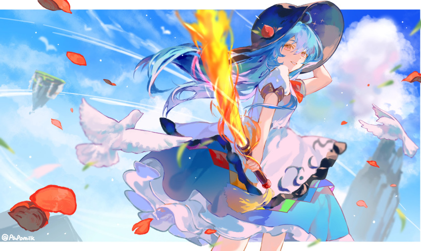 1girl absurdres arm_up bird blue_hair blue_skirt blue_sky bow bowtie cloud dove feet_out_of_frame food frilled_skirt frills fruit highres hinanawi_tenshi keystone long_hair looking_at_viewer outdoors parted_lips peach peach_hat_ornament pfallen rainbow_order red_bow red_bowtie signature skirt sky smile solo sword_of_hisou touhou