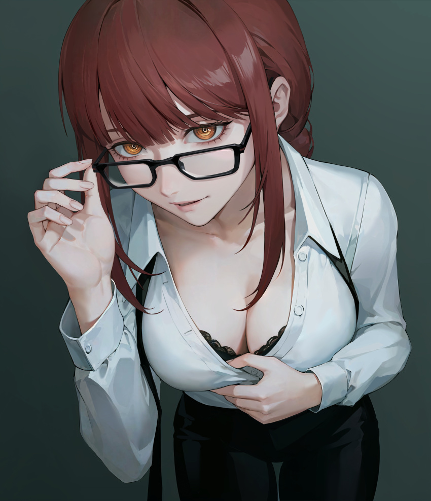 1girl absurdres black-framed_eyewear black_pants braid braided_ponytail breasts chainsaw_man cleavage clothes_pull collared_shirt highres iamc95 long_hair long_sleeves looking_at_viewer makima_(chainsaw_man) medium_breasts pants parted_lips red_hair ringed_eyes shirt shirt_pull sidelocks simple_background solo white_shirt yellow_eyes