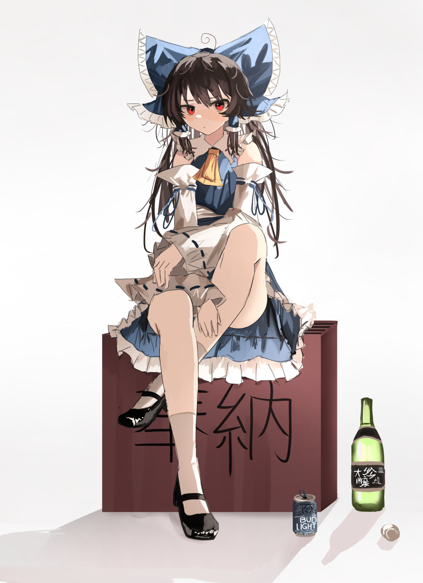 1girl absurdres ahoge alternate_color ascot black_footwear black_hair blue_bow blue_skirt blue_vest bow can closed_mouth commentary detached_sleeves full_body glass_bottle grey_background hair_bow hakurei_reimu highres long_hair looking_at_viewer ougiikun red_eyes ribbon-trimmed_sleeves ribbon_trim shirt sidelocks simple_background sitting skirt solo touhou vest white_shirt yellow_ascot