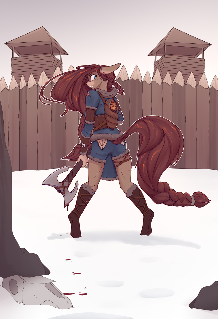 absurd_res angry anthro axe canid canine canis chapaevv clothed clothing digital_media_(artwork) equid equine fan_character feathered_wings feathers female fur hair hasbro hi_res looking_at_viewer male mammal my_little_pony ondrea_(ondrea) outside pegasus solo viking wings winter wolf