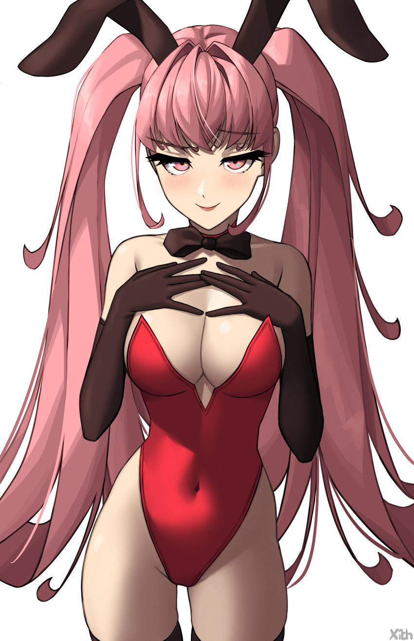 1girl absurdres blush breasts closed_mouth fire_emblem fire_emblem:_three_houses hands_on_own_chest highres hilda_valentine_goneril large_breasts long_hair looking_at_viewer open_mouth pink_eyes pink_hair playboy_bunny simple_background smile smirk smug solo twintails white_background x_xith_x