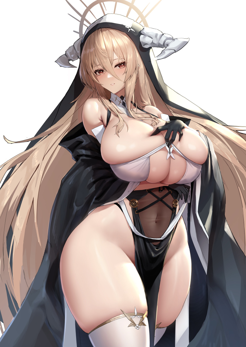 1girl absurdres azur_lane bare_shoulders black_gloves blonde_hair breast_cutout breasts cleavage covered_navel curvy detached_sleeves gloves habit hand_on_own_chest highres horns huge_breasts implacable_(azur_lane) long_hair looking_at_viewer narrow_waist nun orange_eyes shuiruoqing solo thighhighs two-tone_dress very_long_hair white_thighhighs wide_hips