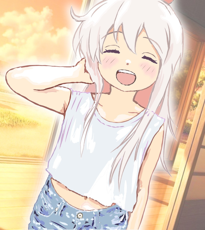 1girl ^_^ ahoge arm_at_side closed_eyes cloud collarbone colored_inner_hair grey_hair hair_between_eyes highres long_hair mizumori_keiichi multicolored_hair navel onii-chan_wa_oshimai! open_mouth orange_sky oyama_mahiro pink_hair shirt sky sleeveless sleeveless_shirt smile solo teeth twilight two-tone_hair upper_teeth_only white_shirt