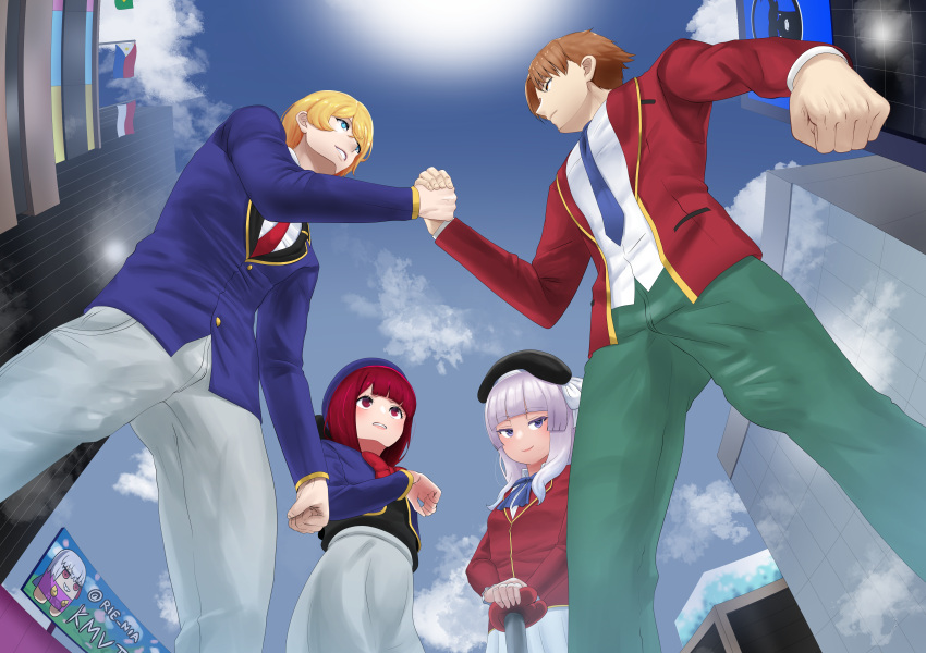 2boys 2girls absurdres arima_kana artist_name ayanokouji_kiyotaka beret blazer blonde_hair blue_eyes blue_headwear blue_jacket bob_cut bow bowtie brown_eyes brown_hair cane closed_mouth epic_handshake_(meme) hair_between_eyes hand_on_own_chest hat highres hoshino_aquamarine jacket kmvt large_penis long_hair long_sleeves medium_hair meme multiple_boys multiple_girls necktie oshi_no_ko pants penis red_eyes red_hair red_jacket ribbon sakayanagi_arisu school_uniform shirt short_hair skirt smile star-shaped_pupils star_(symbol) symbol-shaped_pupils symbol_in_eye white_shirt white_skirt youkoso_jitsuryoku_shijou_shugi_no_kyoushitsu_e