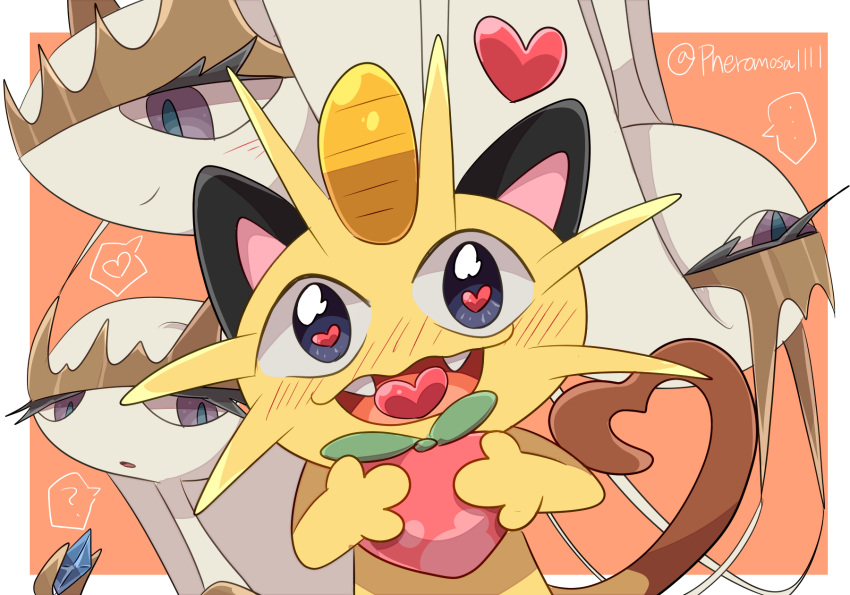 ... 1girl ? a-nya antennae arthropod_girl artist_name berry_(pokemon) blue_eyes blue_pupils blush border cat closed_mouth coin colored_skin commentary_request fangs food from_side fruit furry furry_female hands_up happy heart heart-shaped_pupils heart_in_mouth highres holding holding_food holding_fruit meowth multiple_views nose_blush open_mouth orange_background outside_border partial_commentary pecha_berry pheromosa pokemon pokemon_(creature) portrait profile purple_eyes signature simple_background smile speech_bubble spoken_ellipsis spoken_heart spoken_question_mark symbol-shaped_pupils twitter_username upper_body upside-down white_border white_skin