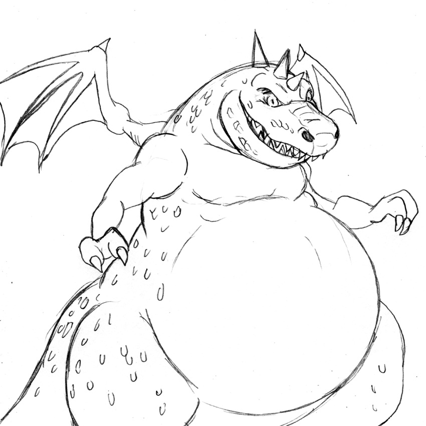 2014 belly big_belly dragon feral giana_sisters gurglewocky_(giana_sisters) huge_belly looking_at_viewer male monochrome open_wings pecs reagan700 scalie simple_background sketch solo standing tail teeth white_background wings