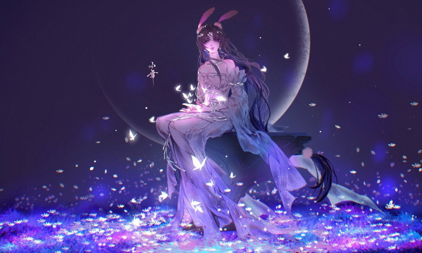 1girl animal_ears artist_request bare_shoulders black_hair bug butterfly closed_mouth dark detached_sleeves douluo_dalu dress earrings full_body glowing_butterfly hair_ornament highres jewelry long_hair looking_at_viewer necklace night rabbit_ears second-party_source sitting solo white_dress xiao_wu_(douluo_dalu)