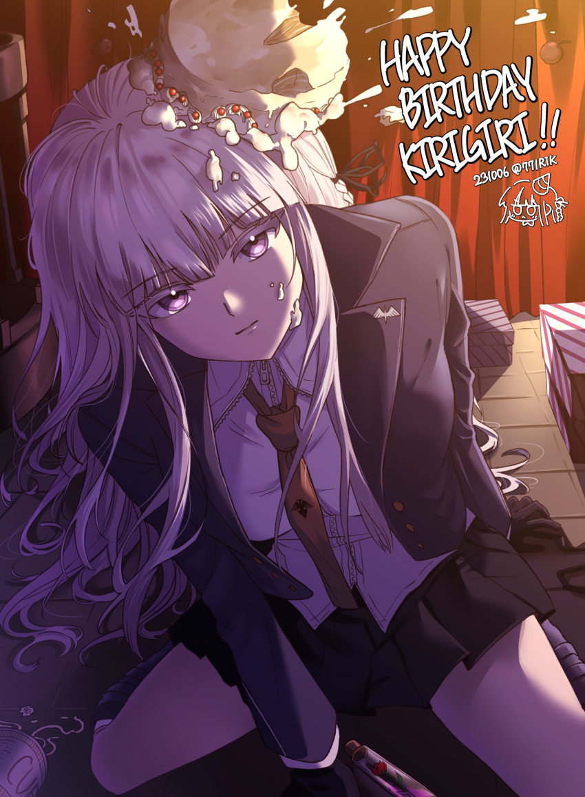 1girl absurdres artist_name black_ribbon black_skirt box braid breasts brown_necktie cake_on_head character_name collared_shirt cream cream_on_face curtains danganronpa:_trigger_happy_havoc danganronpa_(series) food food_on_face gift gift_box grey_hair hair_ribbon happy_birthday highres jacket kirigiri_kyoko large_breasts long_hair maem_(77lrik) miniskirt necktie pink_eyes pleated_skirt purple_jacket ribbon shirt side_braid skirt smile solo white_shirt zipper zipper_pull_tab