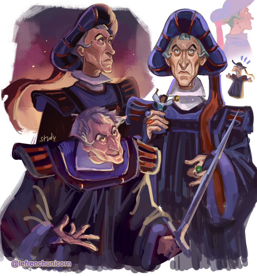 1boy absurdres black_robe claude_frollo colored_sclera disney esmeralda_(disney) french-unicorn grey_hair hand_puppet hat hat_tassel high_collar highres holding holding_sword holding_weapon jewelry long_sleeves male_focus multiple_rings puppet ring robe short_hair shoulder_pads sword the_hunchback_of_notre_dame tricorne twitter_username variations weapon wide_sleeves yellow_sclera