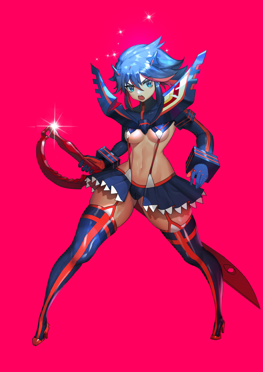 1girl absurdres armor bakuzan black_hair blue_eyes boots breasts gloves highres horns kill_la_kill large_breasts looking_to_the_side matoi_ryuuko midriff multicolored_hair navel onionsix666 open_mouth pauldrons pleated_skirt red_background red_hair revealing_clothes scissor_blade_(kill_la_kill) short_hair shoulder_armor simple_background skindentation skirt streaked_hair suspenders thigh_boots thighhighs two-tone_hair underboob