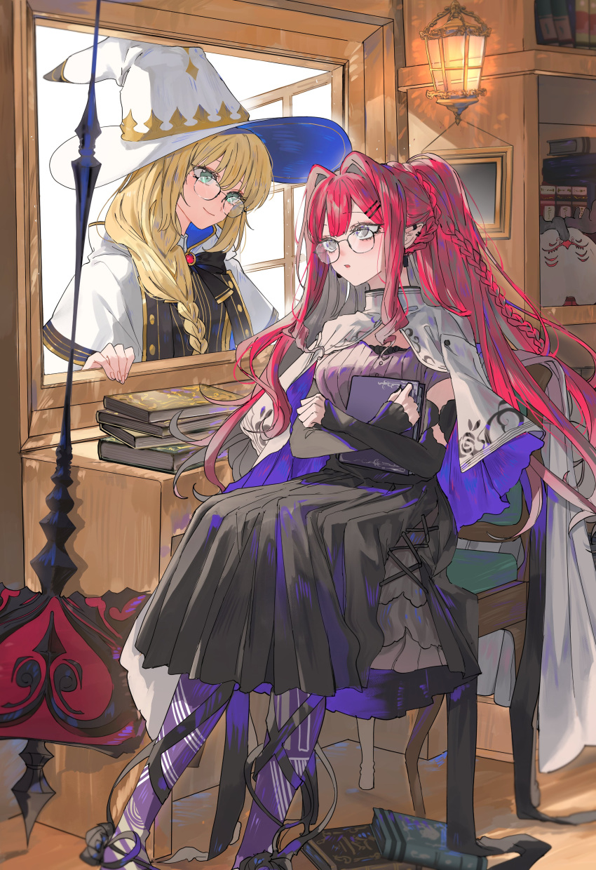 2girls absurdres alternate_costume aqua_eyes artoria_caster_(fate) artoria_pendragon_(fate) baobhan_sith_(fate) black_dress black_gloves blonde_hair book braid capelet closed_mouth dress elbow_gloves fate/grand_order fate_(series) fingerless_gloves glasses gloves grey_eyes hair_between_eyes hair_ornament hairclip hat highres holding holding_book long_hair looking_at_another multiple_girls on_chair parted_lips ponytail red_hair sidelocks sitting smile standing white_capelet white_headwear window witch witch_hat wooden_floor wooden_wall yurumawari