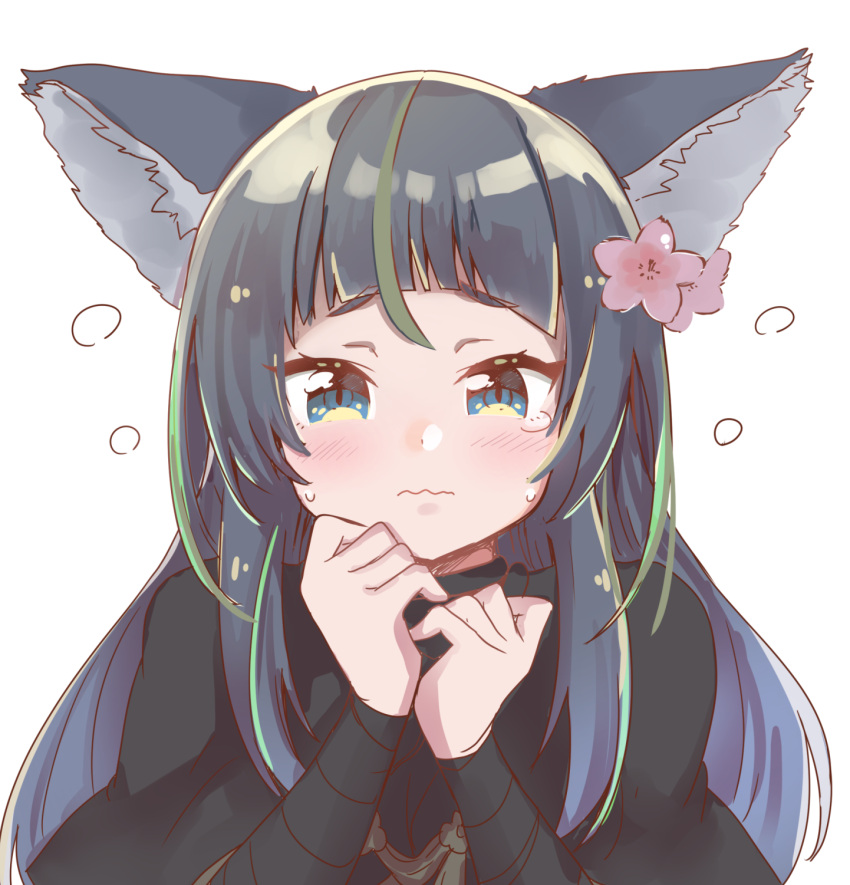 1girl alternate_eye_color animal_ear_fluff animal_ears bellflower black_capelet black_eyes black_hair blunt_bangs blush capelet flower flying_sweatdrops fox_ears hands_up highres kitsunegasaki_tametsugu_(tenka_hyakken) long_hair raised_eyebrows solo ssk_sasasa sweatdrop tenka_hyakken upper_body wavy_mouth white_background