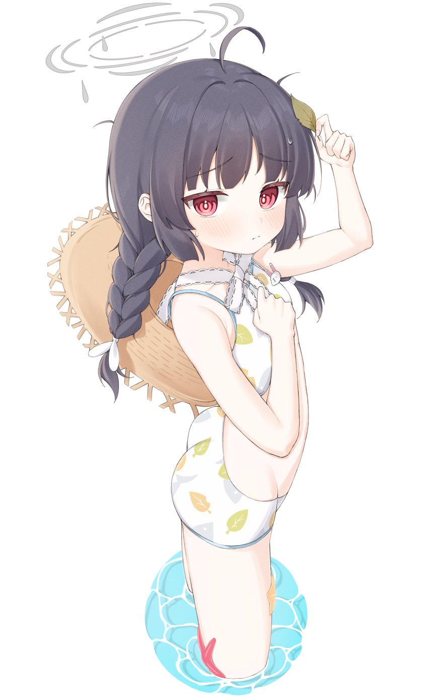 1girl absurdres ahoge bikini black_hair blue_archive blush braid breasts closed_mouth cobe frilled_ribbon frills hair_ribbon halo hand_on_own_chest hand_up hat hat_removed headwear_removed highres leaf leaf_bikini looking_at_viewer miyu_(blue_archive) miyu_(swimsuit)_(blue_archive) neck_ribbon official_alternate_costume print_bikini red_eyes ribbon simple_background small_breasts solo starfish straw_hat sweat swimsuit twin_braids wading white_bikini