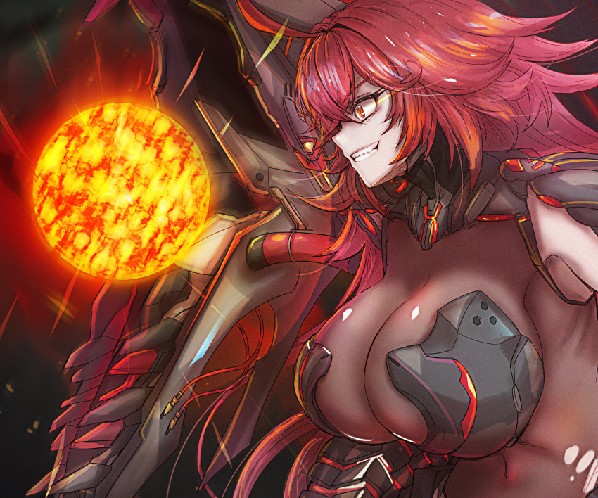 1girl absurdres ahoge armor bodystocking boobplate breasts fire goddess_of_victory:_nikke grin hair_between_eyes highres large_breasts liangmian long_hair nihilister_(nikke) red_eyes red_hair see-through_cleavage sidelocks smile solo tail torn_bodystocking torn_clothes