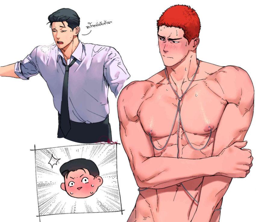 2boys bara black_hair black_pants blush closed_mouth embarrassed fatcat highres large_pectorals male_focus mito_youhei multiple_boys muscular muscular_male necktie nipple_piercing open_mouth pants pectorals piercing red_hair sakuragi_hanamichi shirt short_hair slam_dunk_(series) translation_request white_shirt yaoi