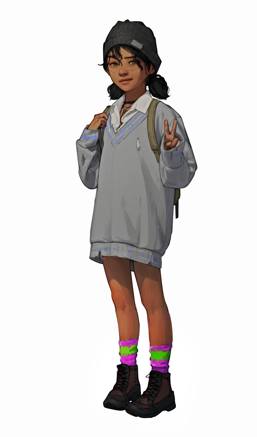 1girl absurdres backpack bag beanie black_hair boots brown_eyes brown_footwear clementine_(the_walking_dead) closed_mouth collared_shirt dark-skinned_female dark_skin diathorn full_body grey_headwear grey_sweater hat highres looking_at_viewer shirt simple_background solo standing sweater the_walking_dead_(game) twintails v white_background white_shirt