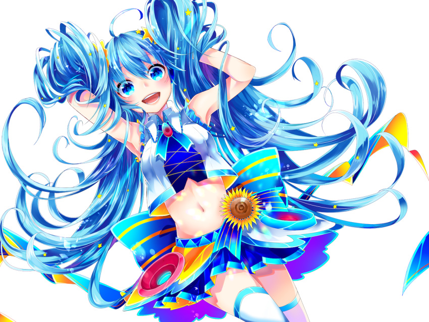 1girl :d arms_up blue_eyes blue_hair blue_skirt crop_top flower hands_in_hair hands_up hatsune_miku long_hair looking_at_viewer navel open_mouth pleated_skirt shirayuki_towa shirt skirt sleeveless sleeveless_shirt smile solo sunflower thighhighs twintails very_long_hair vocaloid white_background white_shirt white_thighhighs zettai_ryouiki