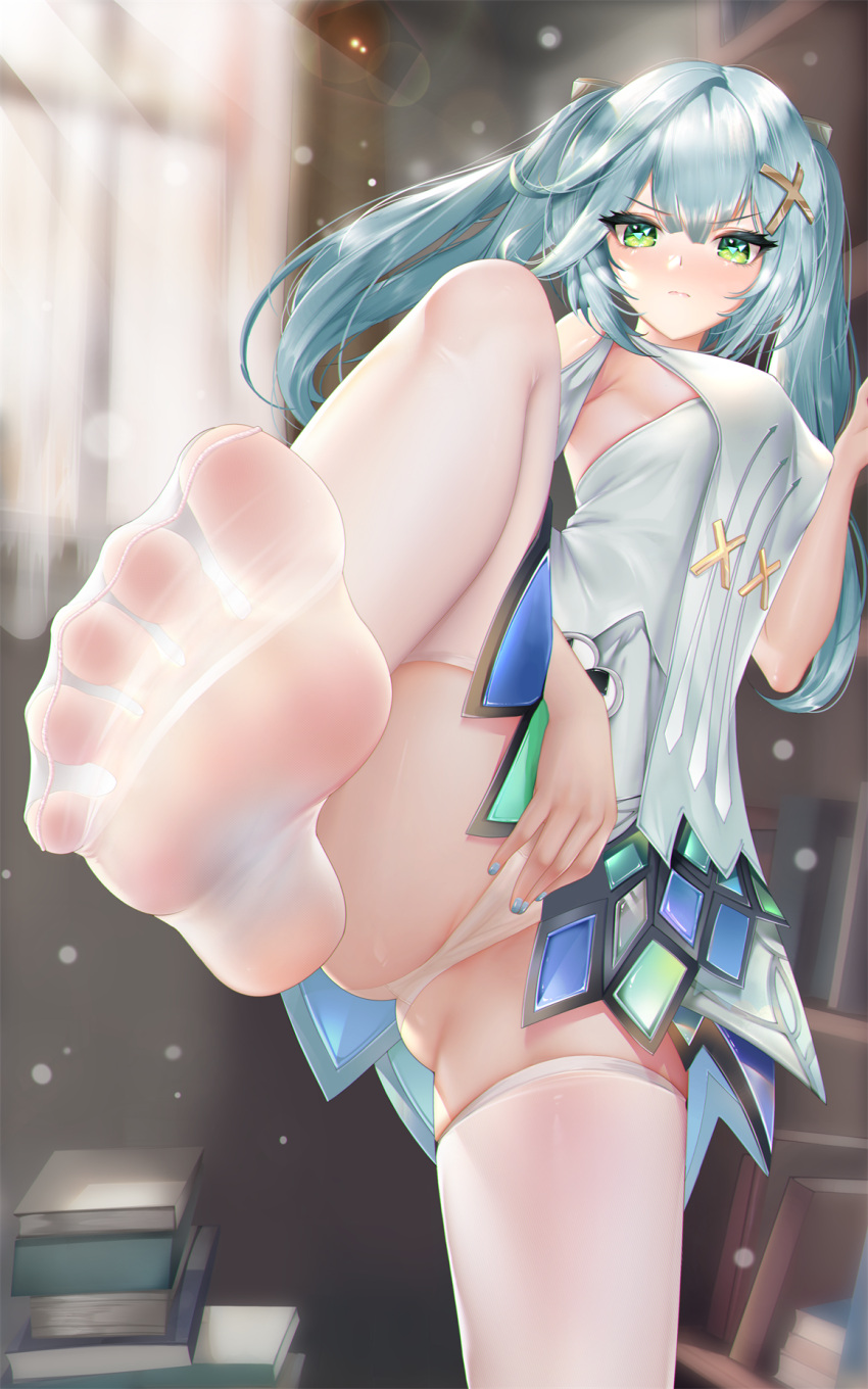 1girl aqua_hair aqua_nails breasts closed_mouth clothing_cutout cowlick dress faruzan_(genshin_impact) feet genshin_impact green_eyes hair_ornament hand_on_own_crotch highres kamue leg_up light_rays long_hair looking_at_viewer medium_breasts no_shoes panties shoulder_cutout sidelocks soles solo spread_toes standing standing_on_one_leg thighhighs toes triangle-shaped_pupils twintails underwear white_dress white_panties white_thighhighs x_hair_ornament