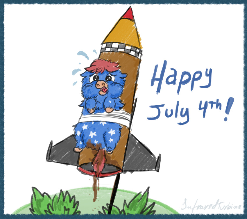 4th_of_july blue_body blue_fur english_text feces feral fireworks fluffy_pony fur grass hair hi_res imminent_death infraredturbine male plant pooping red_hair rocket simple_background solo text white_background