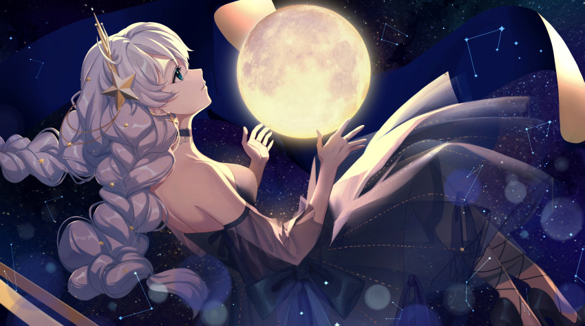 1girl absurdres bare_shoulders black_choker black_dress black_footwear blue_eyes braid choker closed_mouth constellation dress earrings full_moon hair_ornament high_heels highres honkai_(series) honkai_impact_3rd jewelry kiana_kaslana long_hair long_sleeves lucidsky moon night night_sky off-shoulder_dress off_shoulder second-party_source see-through see-through_dress sky smile solo star_(sky) starry_sky strapless strapless_dress twin_braids white_hair