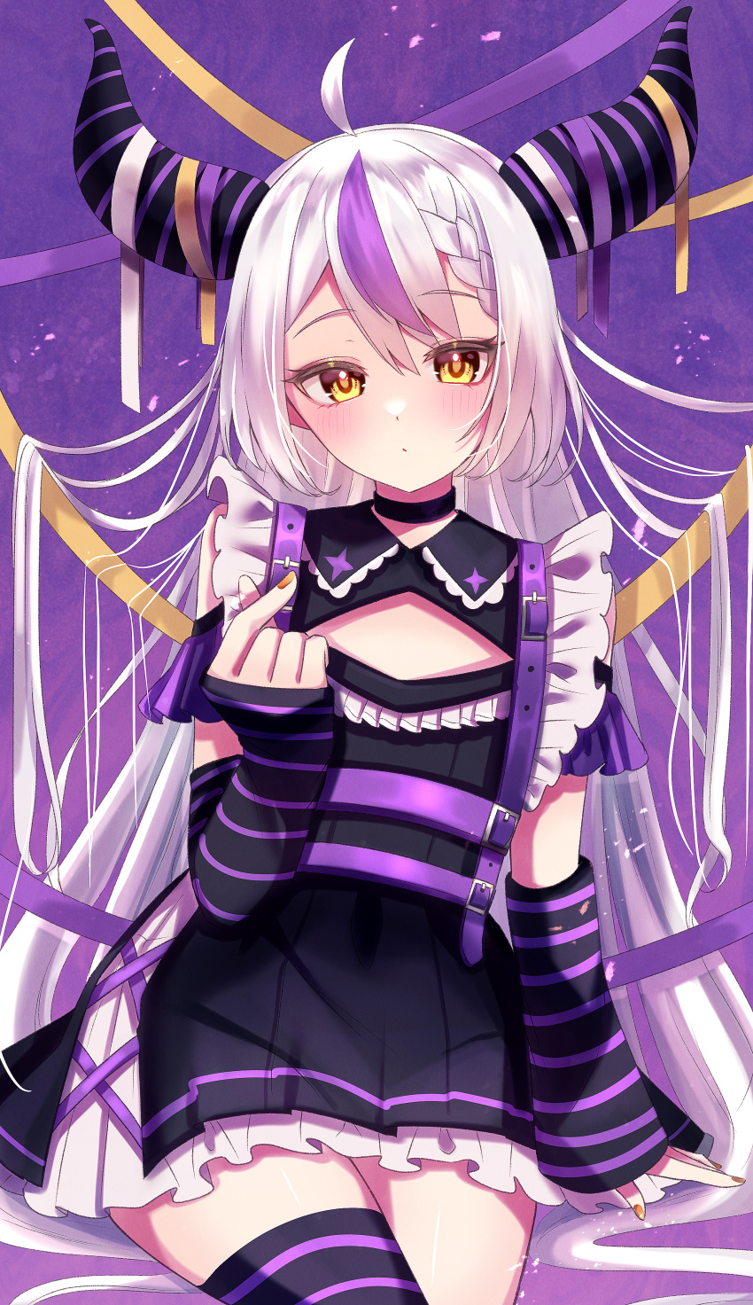 1girl absurdres ahoge black_horns braid braided_bangs choker clothing_cutout detached_sleeves finger_heart grey_hair highres hololive horns jirai_kei junineu la+_darknesss multicolored_hair pointy_ears single_thighhigh streaked_hair striped striped_horns striped_thighhighs thighhighs virtual_youtuber yellow_eyes