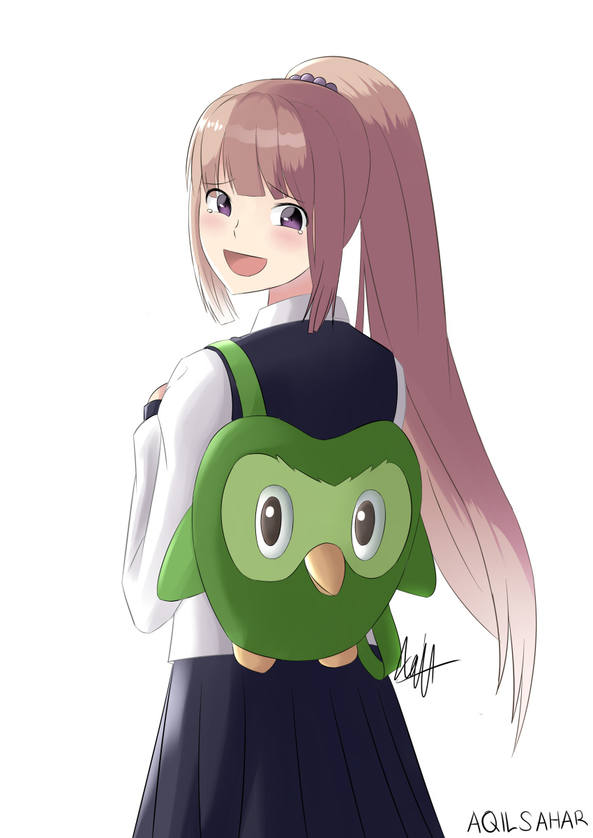 1girl :d absurdres aqil_sahar backpack bag black_eyes black_skirt brown_hair duo_(duolingo) duolingo highres long_hair looking_back original pleated_skirt ponytail skirt smile solo tearing_up