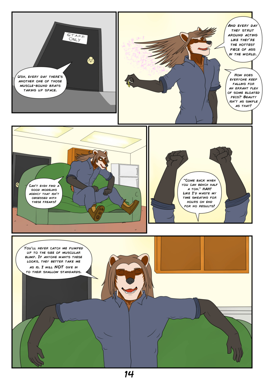 animated anthro badger big_pecs break_room comic dialogue furniture growth hair hi_res huge_arms janitor long_hair male mammal muscle_growth mustelid musteline pecs proxol_(artist) sofa solo text